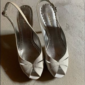 White BCBG sling back peep toe heels